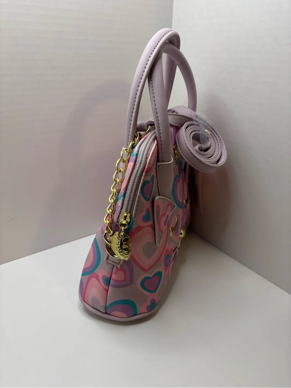 Luv Betsey Johnson cat-face W colorful Hearts Print Pink Satchel bag